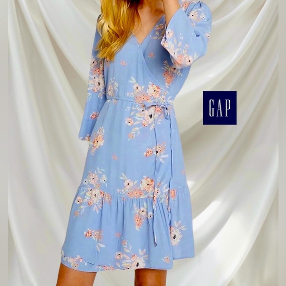 GAP, Plus Size Floral Wrap Dress, XXL, Blue, White, Pink - Picture 1 of 8